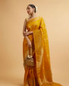 Mustard Yellow Leaf Patterned Saree with Stone Work